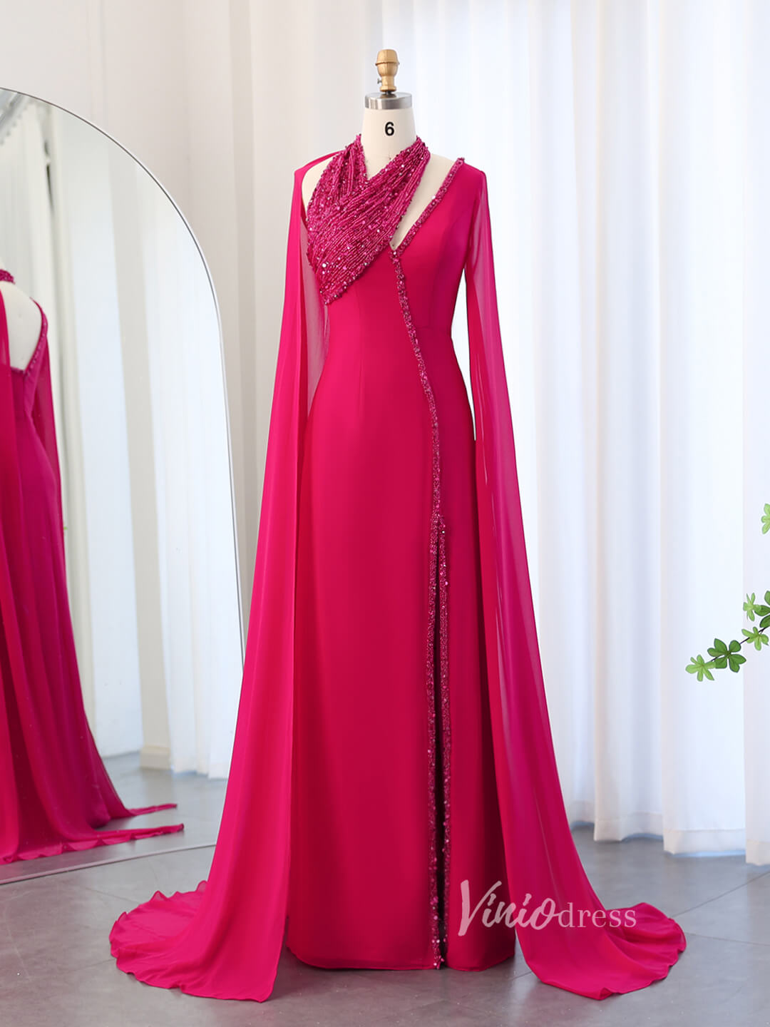 Prom Dress 2025 Elegant Beaded Cape Sleeve Prom Dresses with Slit Mermaid Mother of the Bride Dress AD1170-unique prom dresses-Fuchsia-US 2-Viniodress