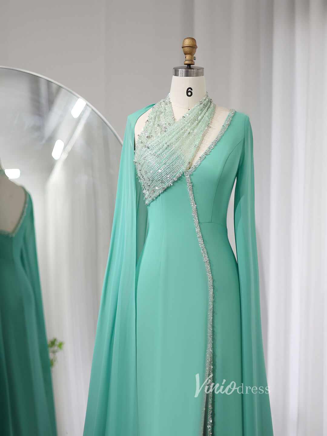 Prom Dress 2025 Elegant Beaded Cape Sleeve Prom Dresses with Slit Mermaid Mother of the Bride Dress AD1170-unique prom dresses-Green-US 2-Viniodress