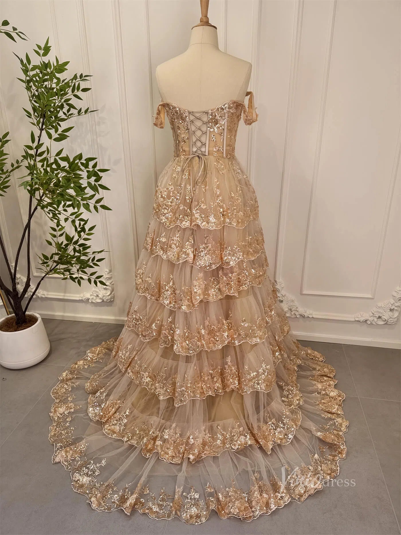 Prom Dress 2025 Elegant Gold Ruffle Sparkly Prom Dresses Off the Shoulder Evening Gown 80010-unique prom dresses-Gold-Custom Size-Viniodress