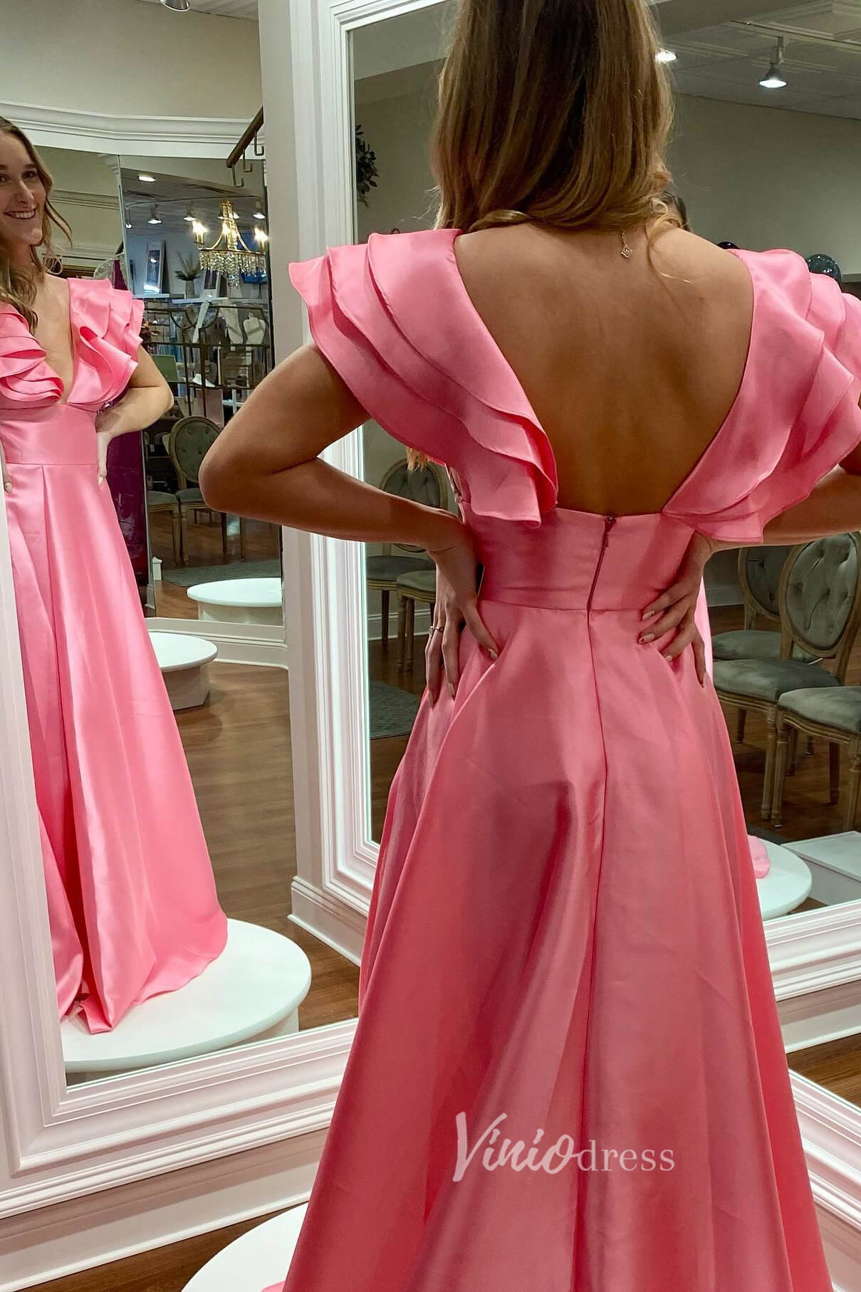 Elegant Pink Satin Prom Dress with Flattering Ruffled Shoulder and Slit FD3470 - Viniodressprom dressesPinkCustom Size - Formal Dresses - Ball Gowns