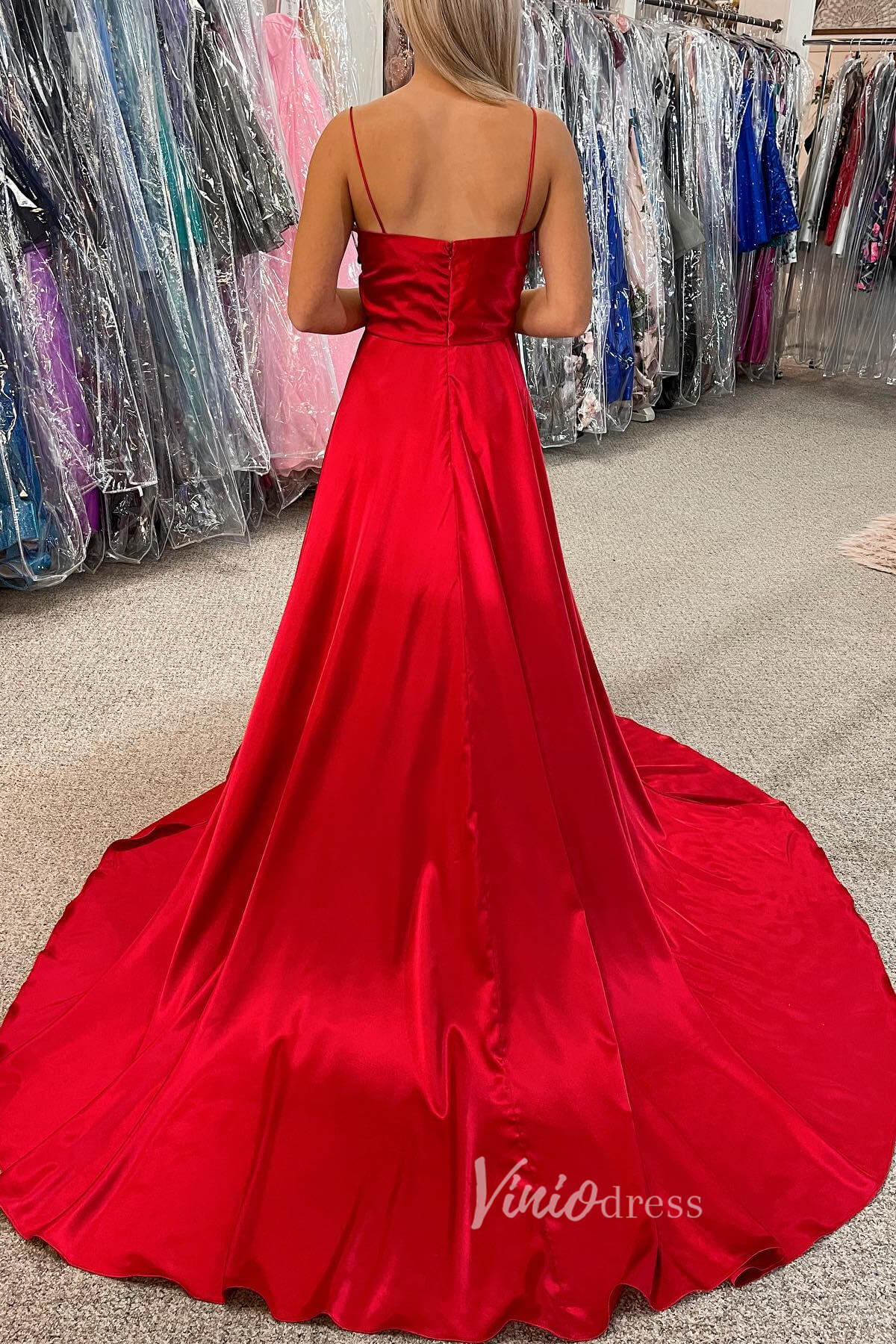 Elegant Red Mermaid Prom Dress with Spaghetti Strap and Slit FD3480 - Viniodressprom dressesRedCustom Size - Formal Dresses - Ball Gowns