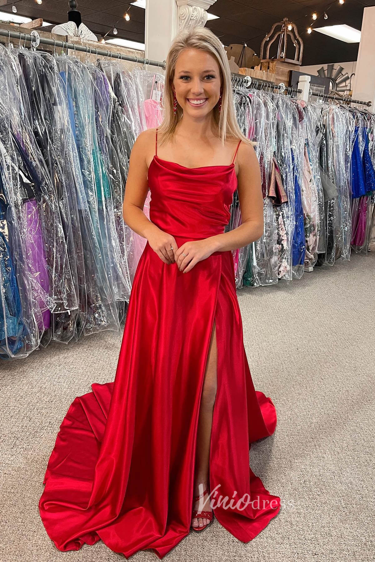 Elegant Red Mermaid Prom Dress with Spaghetti Strap and Slit FD3480 - Viniodressprom dressesRedCustom Size - Formal Dresses - Ball Gowns