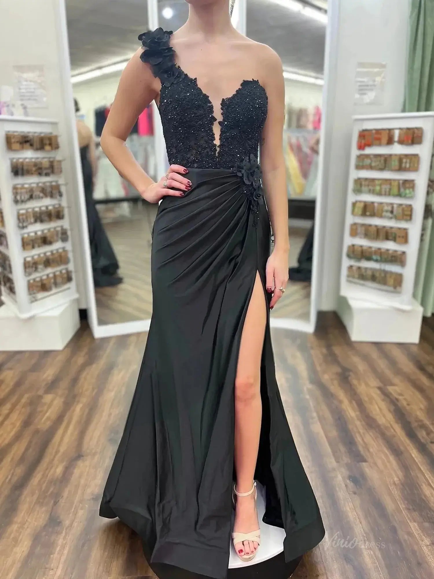 prom dresses 2025 Elegant Satin Lace Prom Dress 2025 with One Shoulder, 3D Flower, Slit, Sweetheart Neck – FD5014-plus size wedding dresses Viniodress-Black-Custom Size-