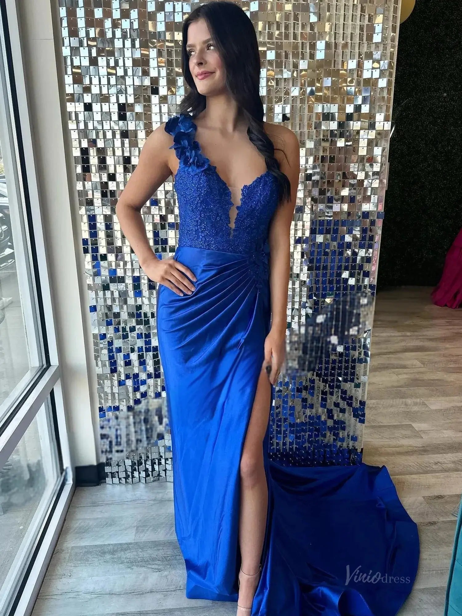 prom dresses 2025 Elegant Satin Lace Prom Dress 2025 with One Shoulder, 3D Flower, Slit, Sweetheart Neck – FD5014-plus size wedding dresses Viniodress-Blue-Custom Size-