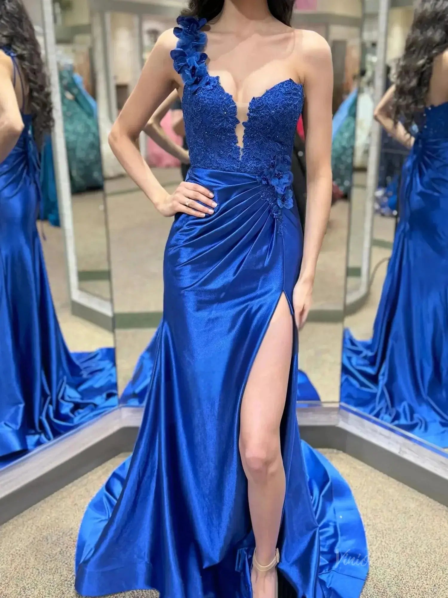 prom dresses 2025 Elegant Satin Lace Prom Dress 2025 with One Shoulder, 3D Flower, Slit, Sweetheart Neck – FD5014-plus size wedding dresses Viniodress-Custom Colors-Custom Size-