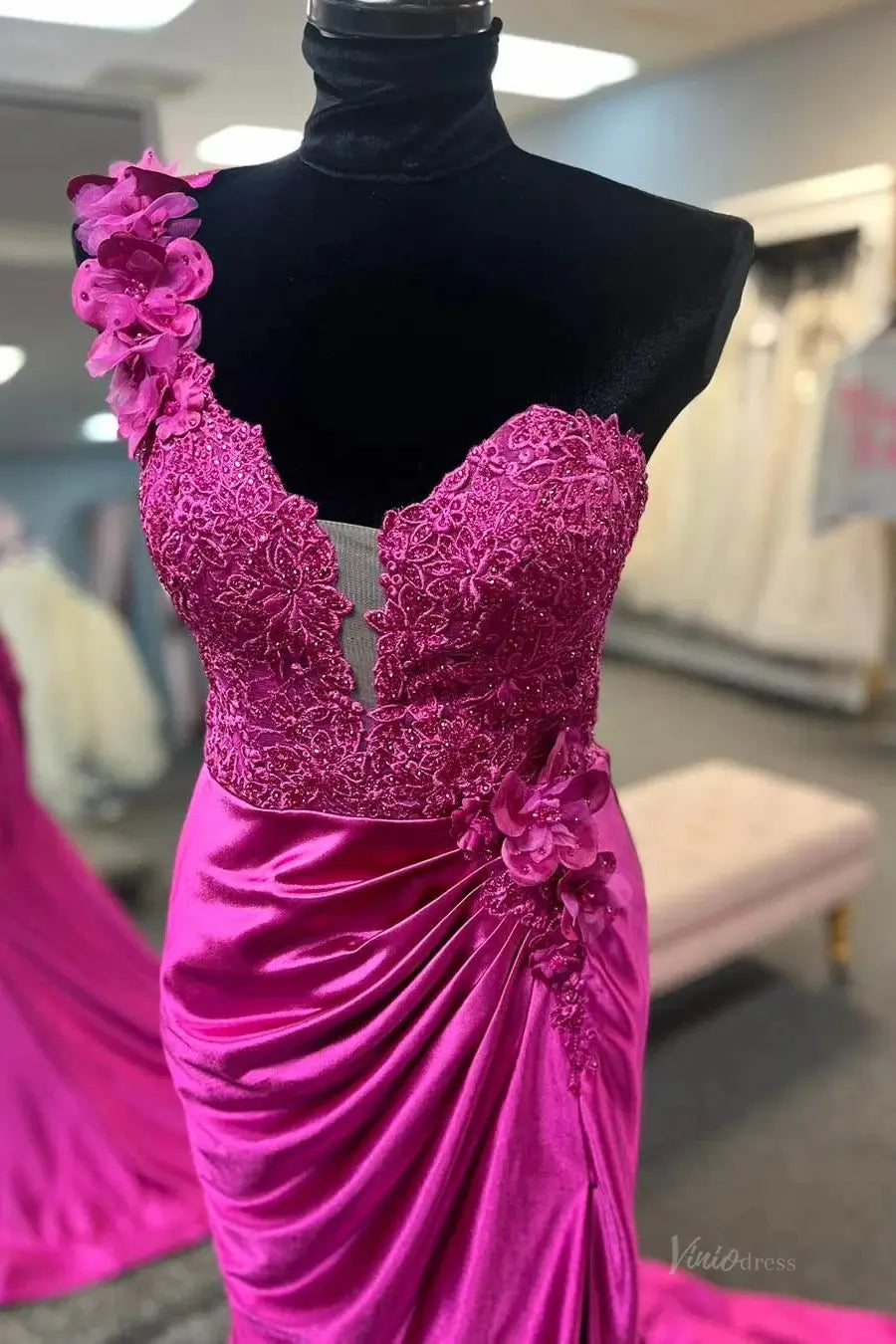 prom dresses 2025 Elegant Satin Lace Prom Dress 2025 with One Shoulder, 3D Flower, Slit, Sweetheart Neck – FD5014-plus size wedding dresses Viniodress-Custom Colors-Custom Size-