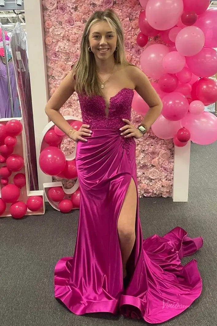 prom dresses 2025 Elegant Satin Lace Prom Dress 2025 with One Shoulder, 3D Flower, Slit, Sweetheart Neck – FD5014-plus size wedding dresses Viniodress-Magenta-Custom Size-