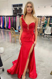 prom dresses 2025 Elegant Satin Lace Prom Dress 2025 with One Shoulder, 3D Flower, Slit, Sweetheart Neck – FD5014-plus size wedding dresses Viniodress-Red-Custom Size-