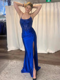 Elegant Satin Mermaid Prom Dresses 2025 with Slit, Lace Bodice & Spaghetti Strap – FD5049