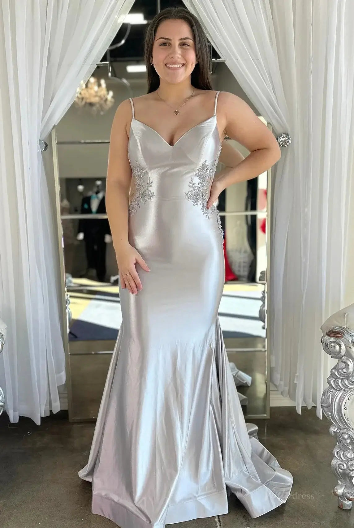 prom dresses 2025-to impress Elegant Satin Mermaid Prom Dresses 2025 with V-Neck, Lace Applique & Spaghetti Strap – FD5061-plus size wedding dresses Viniodress-Silver-Custom Size-