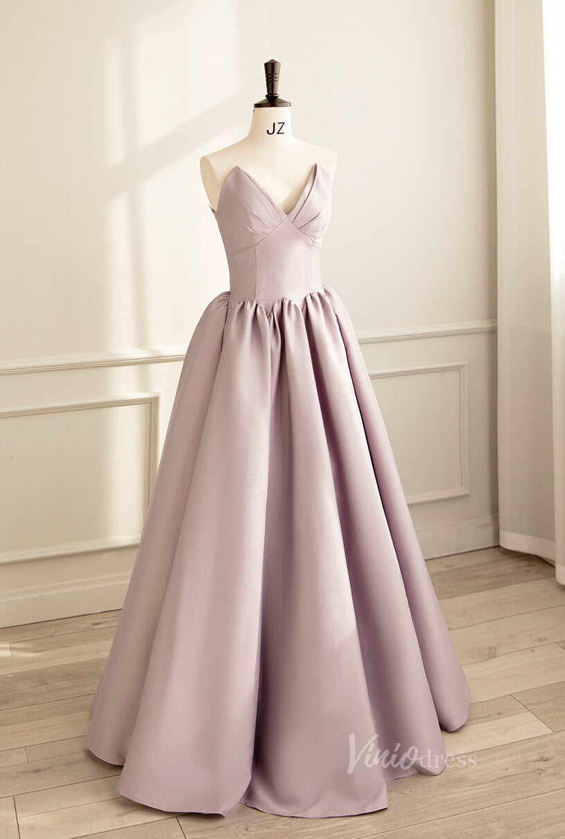 Elegant Strapless Satin Prom Dresses V-Neck Formal Gown AD1082-prom dresses-Viniodress-Viniodress