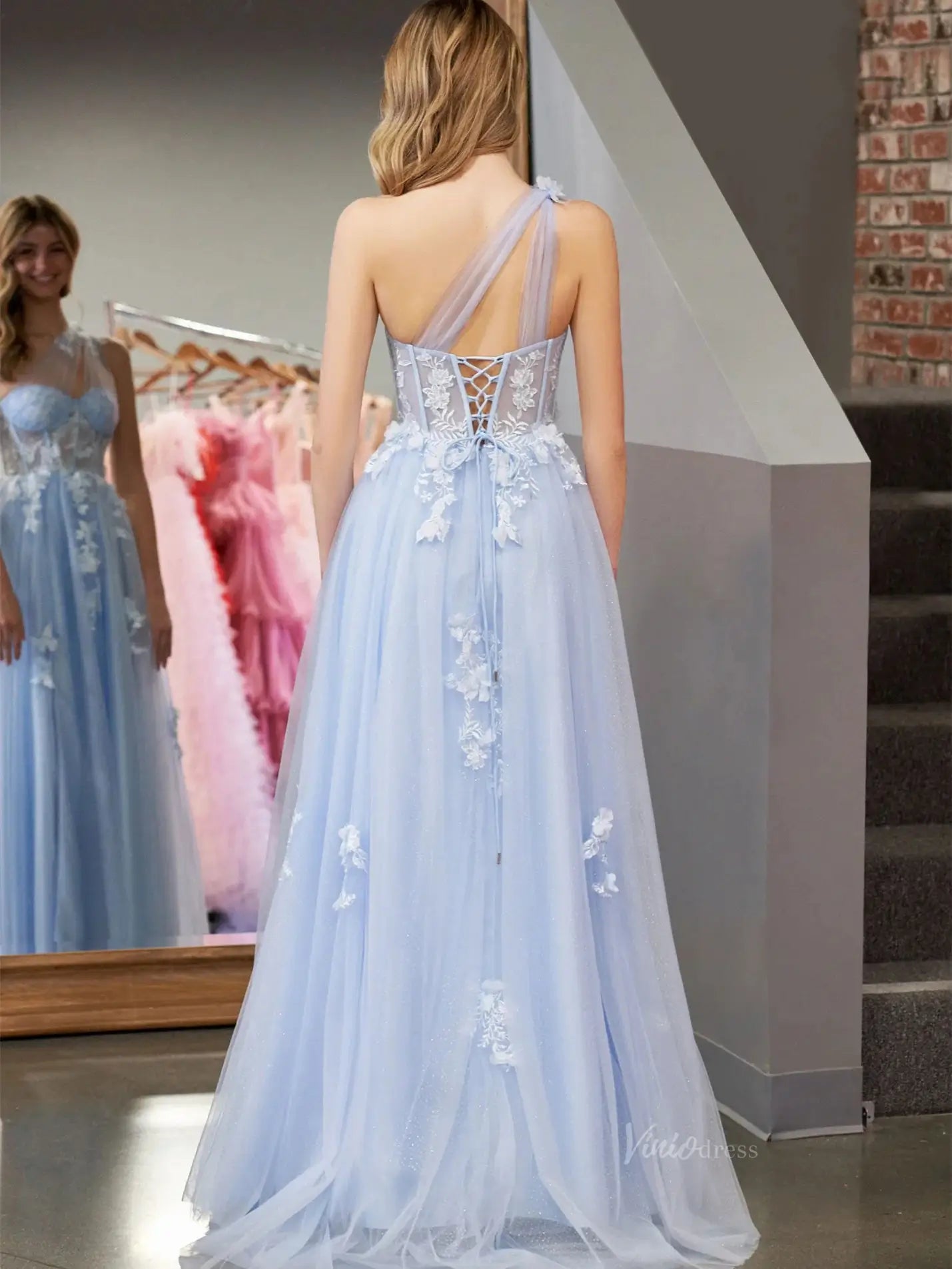 prom dresses 2025 Elegant Tulle Lace Prom Dresses 2025 One Shoulder Formal Gown with Slit - FD5158C-plus size wedding dresses Viniodress-Custom Colors-Custom Size-