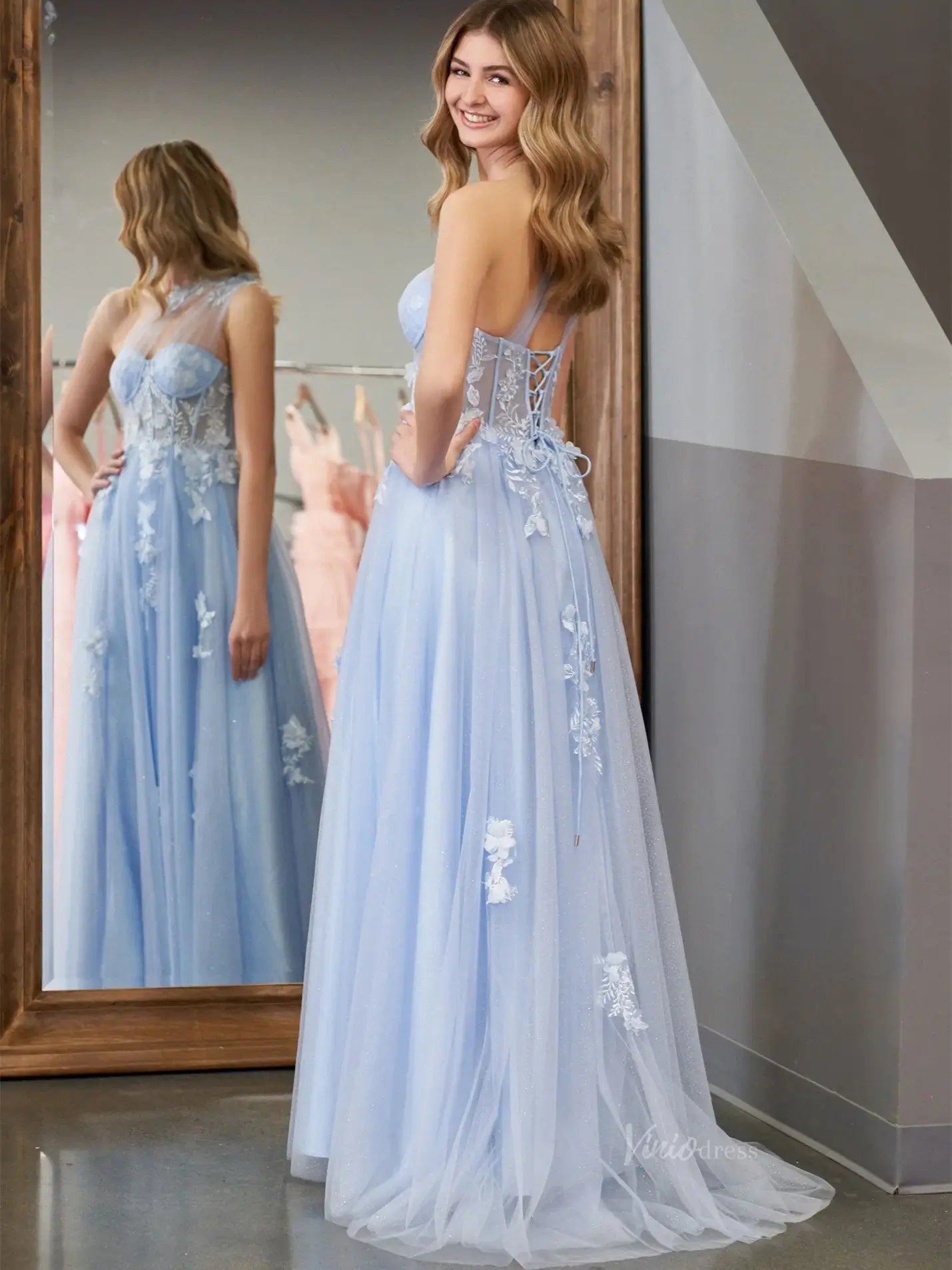 prom dresses 2025 Elegant Tulle Lace Prom Dresses 2025 One Shoulder Formal Gown with Slit - FD5158C-plus size wedding dresses Viniodress-Custom Colors-Custom Size-