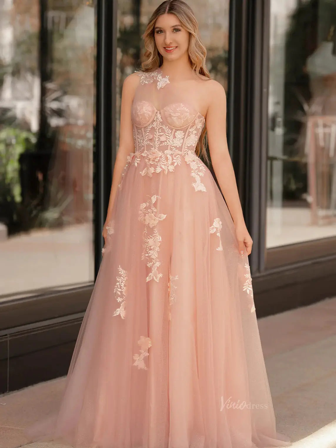 prom dresses 2025 Elegant Tulle Lace Prom Dresses 2025 One Shoulder Formal Gown with Slit - FD5158C-plus size wedding dresses Viniodress-Custom Colors-Custom Size-