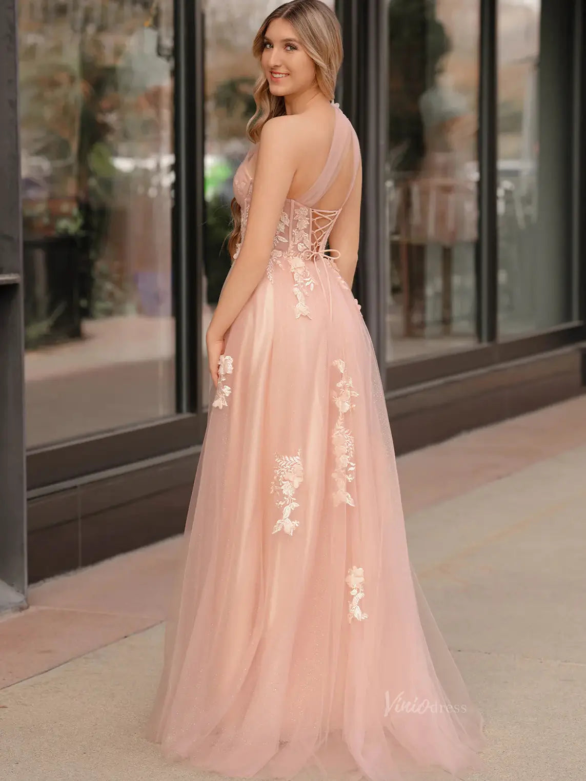 prom dresses 2025 Elegant Tulle Lace Prom Dresses 2025 One Shoulder Formal Gown with Slit - FD5158C-plus size wedding dresses Viniodress-Custom Colors-Custom Size-