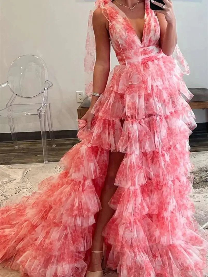 Elegant Tulle Tiered Prom Dresses 2025 Bow - Tie V - Neck Formal Gown with Slit - FD5302 - Viniodressprom dressesRedCustom Size - Formal Dresses - Ball Gowns