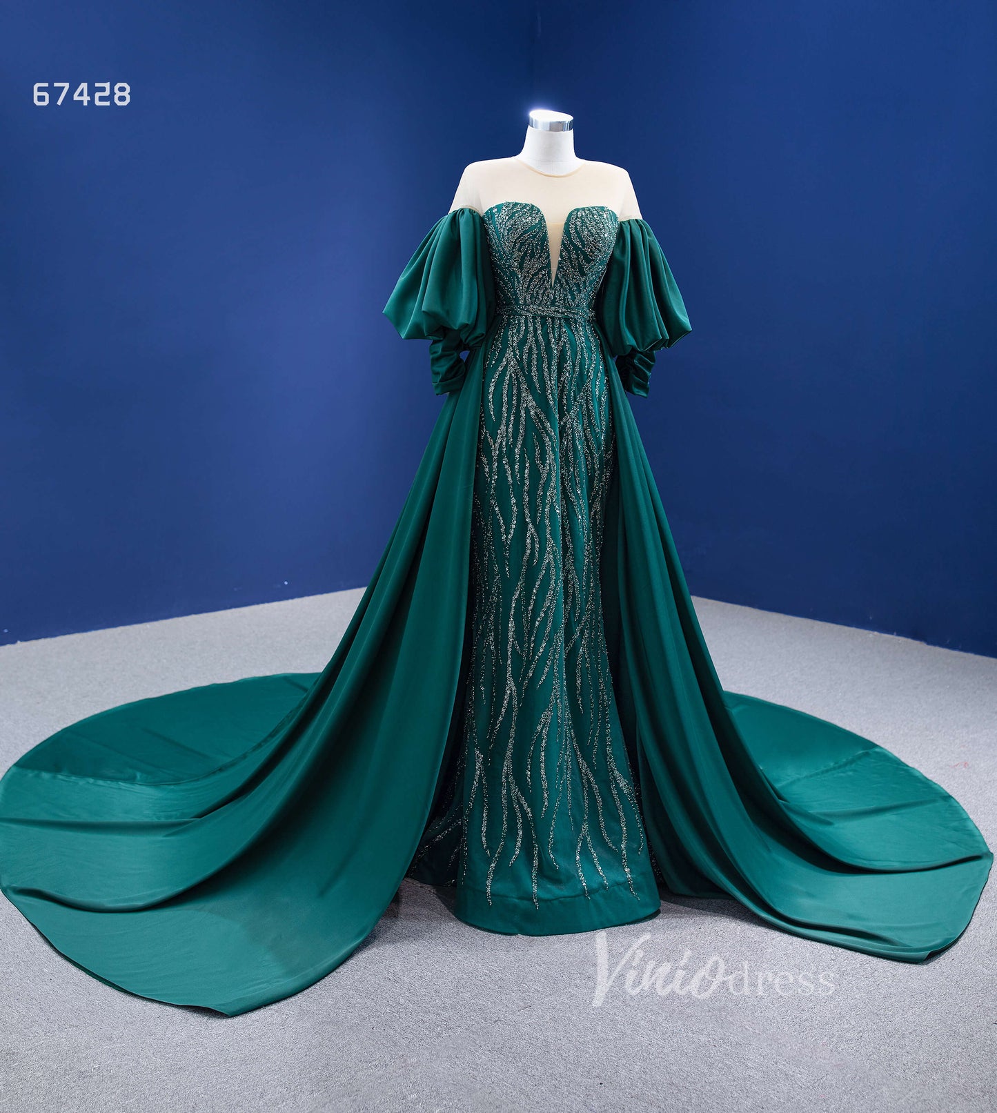 Prom Dress 2025 Emerald Green Beaded Satin Overskirt Prom Dresses Pageant Gown 67428-unique prom dresses-Emerald Green-Custom Size-Viniodress