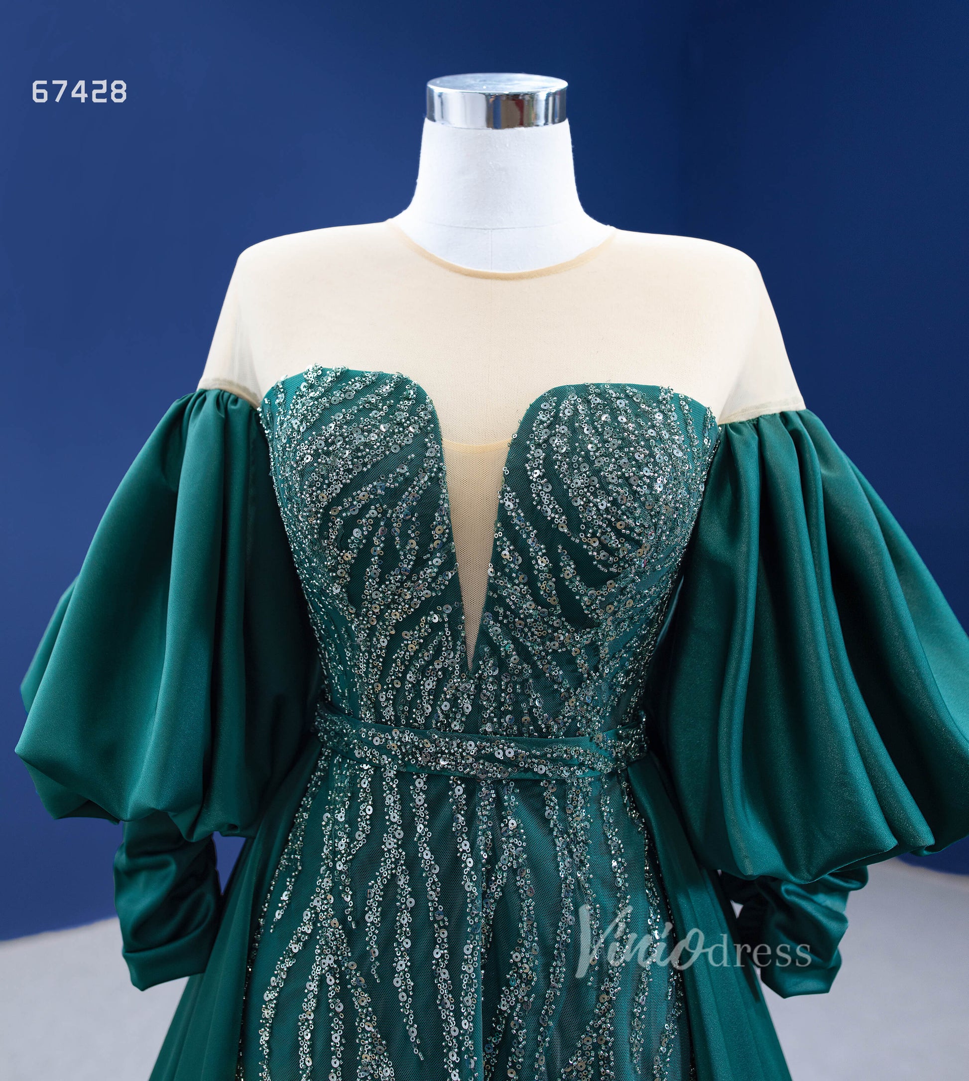 Prom Dress 2025 Emerald Green Beaded Satin Overskirt Prom Dresses Pageant Gown 67428-unique prom dresses-Emerald Green-Custom Size-Viniodress