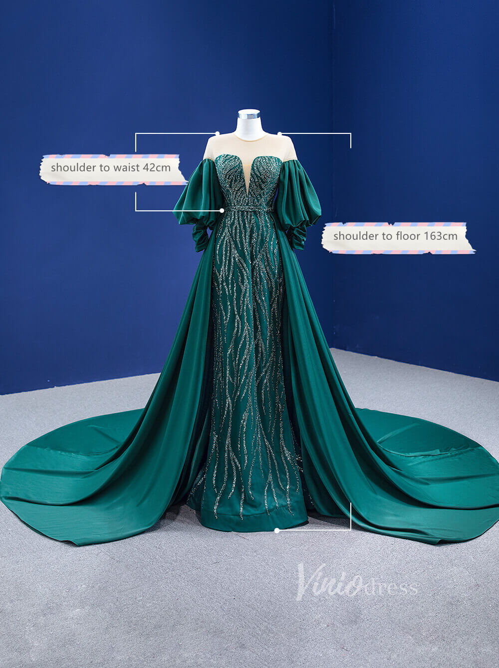 Prom Dress 2025 Emerald Green Beaded Satin Overskirt Prom Dresses Pageant Gown 67428-unique prom dresses-Emerald Green-Custom Size-Viniodress