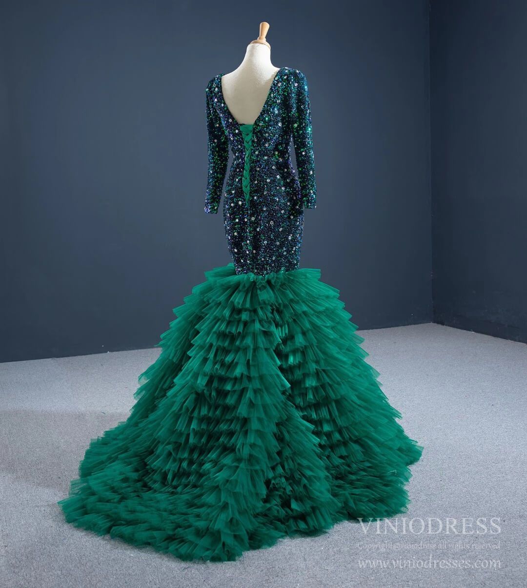 Prom Dress 2025 Emerald Green Mermaid Prom Dresses Long Sleeve Tiered Formal Dress FD2451 viniodress-unique prom dresses-Emerald Green-Custom Size-Viniodress