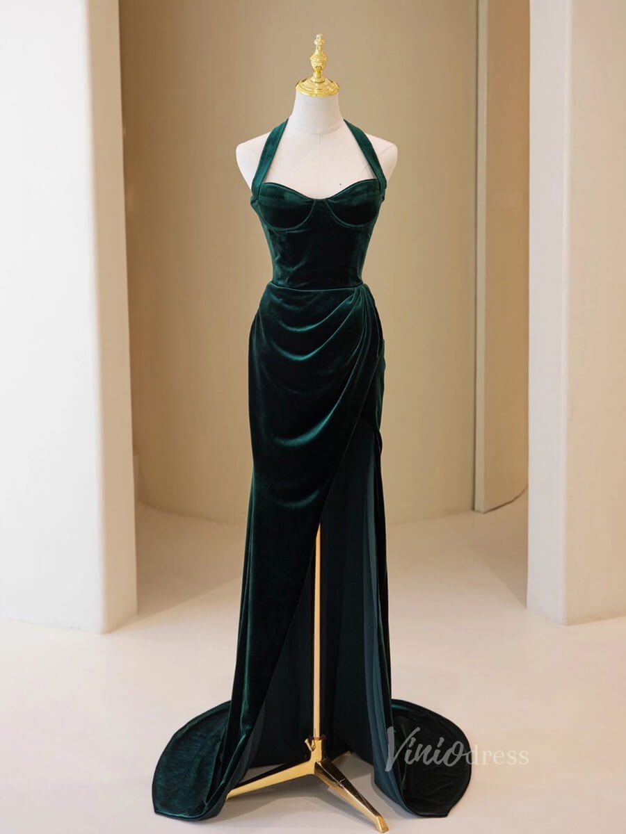 Emerald Green Mermaid Prom Dresses with Slit Velvet Evening Dress AD1081 - Viniodressprom dressesEmerald GreenCustom Size - Formal Dresses - Ball Gowns