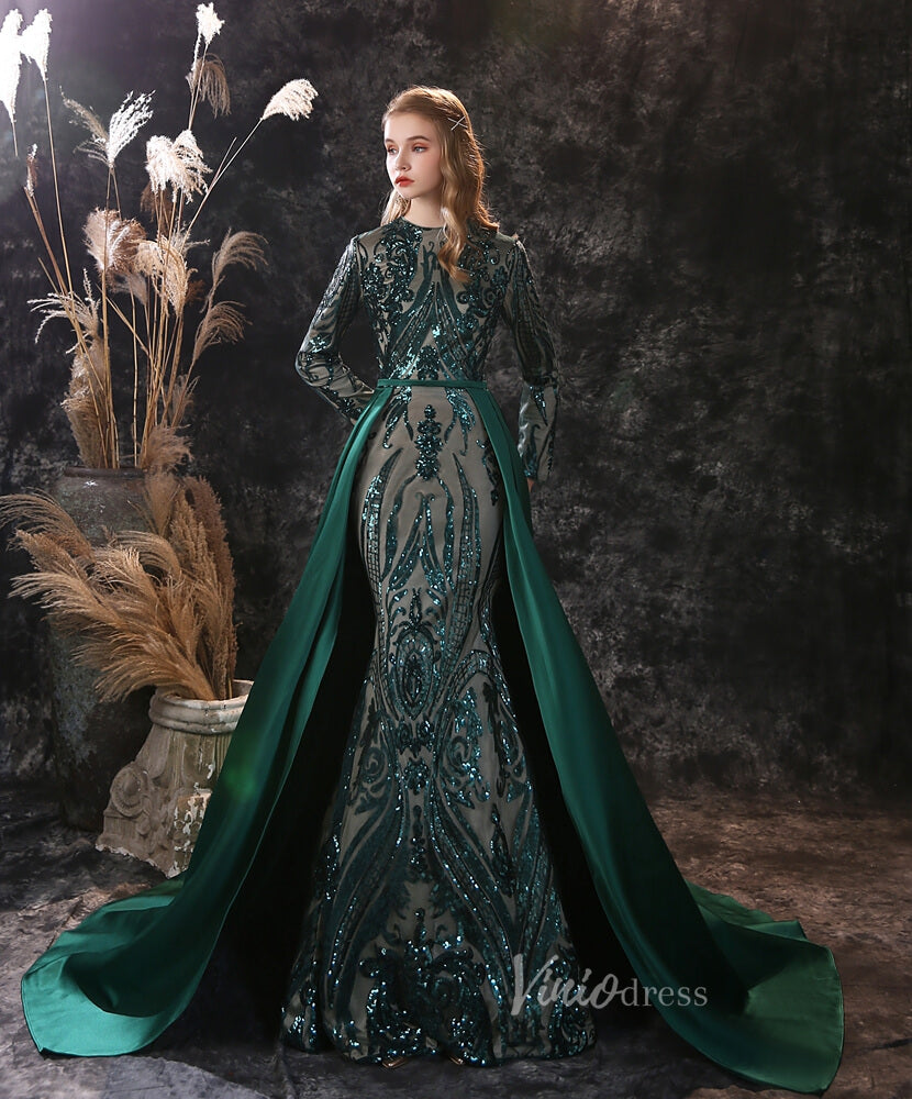 Prom Dress 2025 Emerald Green Sequin Prom Dress Detachable Overskirt FD2706-unique prom dresses-Boat Neck-Emerald Green-Custom Size-Viniodress