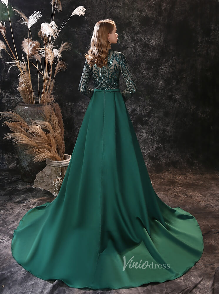 Prom Dress 2025 Emerald Green Sequin Prom Dress Detachable Overskirt FD2706-unique prom dresses-One Shoulder-Emerald Green-Custom Size-Viniodress