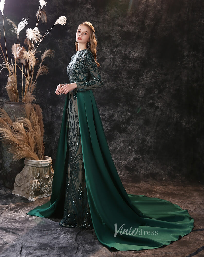 Prom Dress 2025 Emerald Green Sequin Prom Dress Detachable Overskirt FD2706-unique prom dresses-One Shoulder-Emerald Green-Custom Size-Viniodress