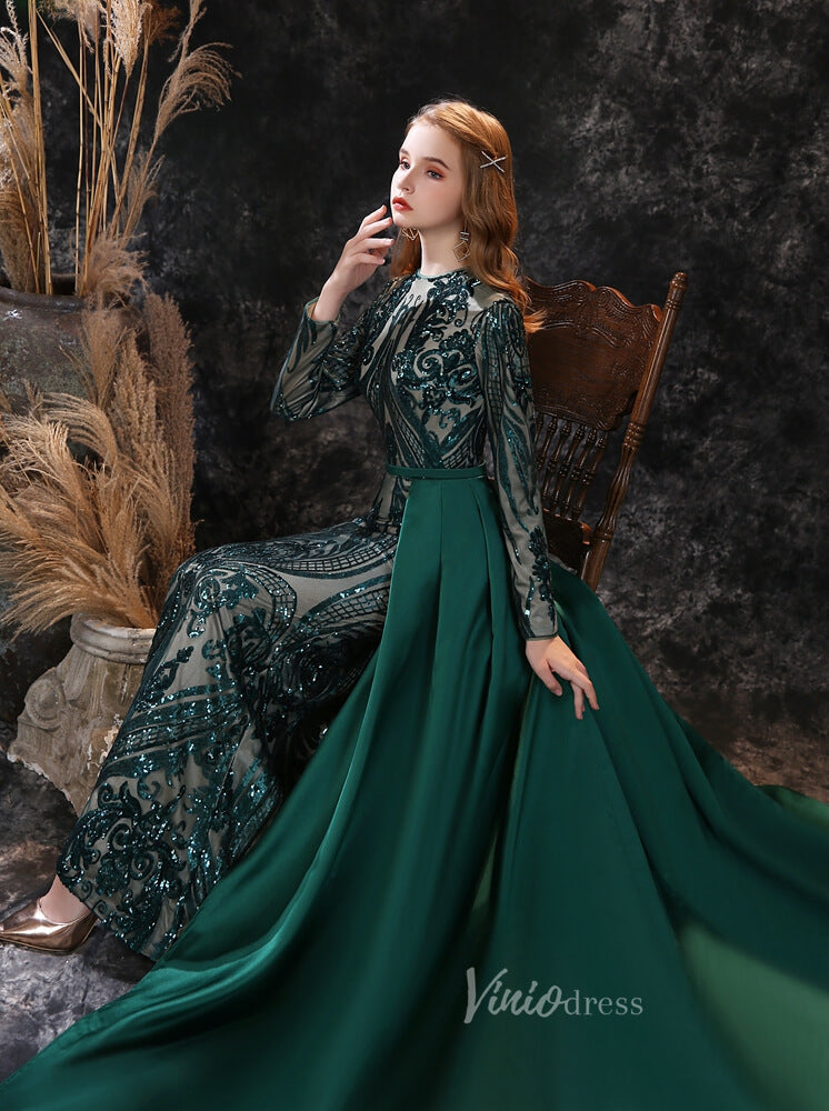 Prom Dress 2025 Emerald Green Sequin Prom Dress Detachable Overskirt FD2706-unique prom dresses-One Shoulder-Emerald Green-Custom Size-Viniodress