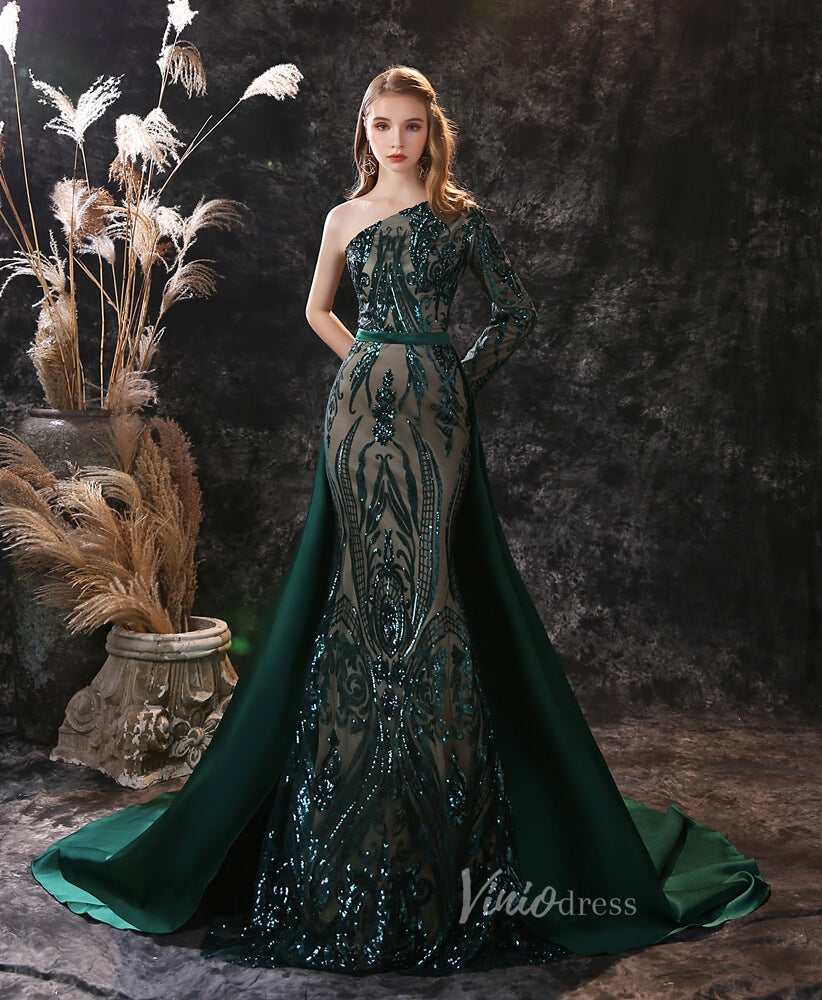 Prom Dress 2025 Emerald Green Sequin Prom Dress Detachable Overskirt FD2706-unique prom dresses-One Shoulder-Emerald Green-Custom Size-Viniodress