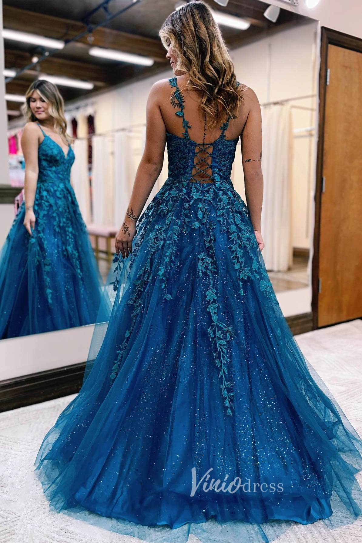 Prom Dress 2025 Enchanting Blue Sparkly Tulle Prom Dress with Lace Applique and Spaghetti Strap FD3464-unique prom dresses-Blue-Custom Size-Viniodress