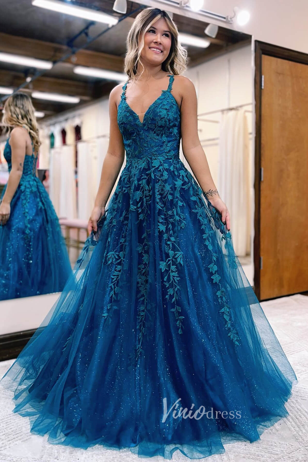 Prom Dress 2025 Enchanting Blue Sparkly Tulle Prom Dress with Lace Applique and Spaghetti Strap FD3464-unique prom dresses-Blue-Custom Size-Viniodress