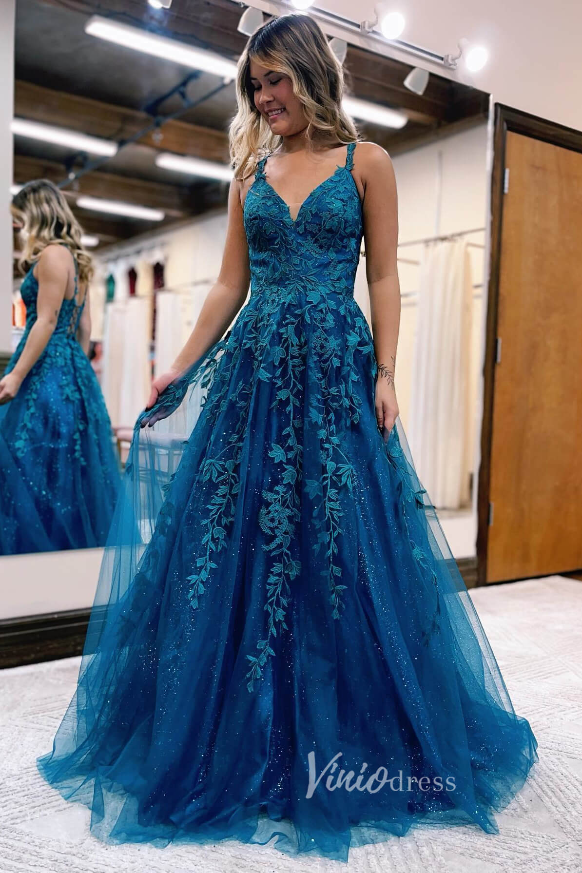 Prom Dress 2025 Enchanting Blue Sparkly Tulle Prom Dress with Lace Applique and Spaghetti Strap FD3464-unique prom dresses-Blue-Custom Size-Viniodress