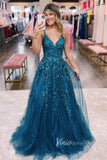 Prom Dress 2025 Enchanting Blue Sparkly Tulle Prom Dress with Lace Applique and Spaghetti Strap FD3464-unique prom dresses-Blue-Custom Size-Viniodress