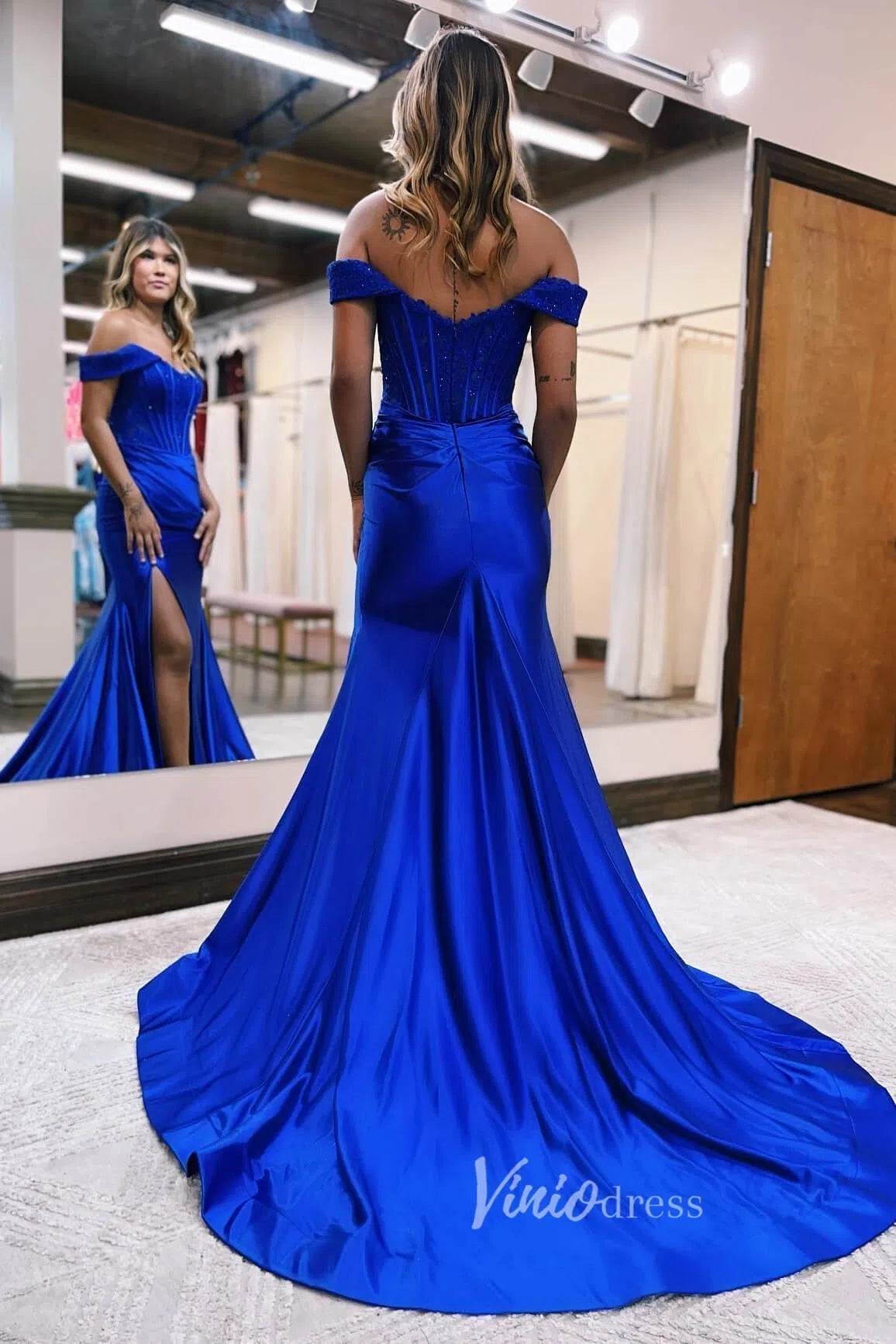 Exquisite Off - Shoulder Mermaid Prom Dress with Beaded Bodice, Satin Bottom and Slit FD3466 - Viniodressprom dressesBlueCustom Size - Formal Dresses - Ball Gowns