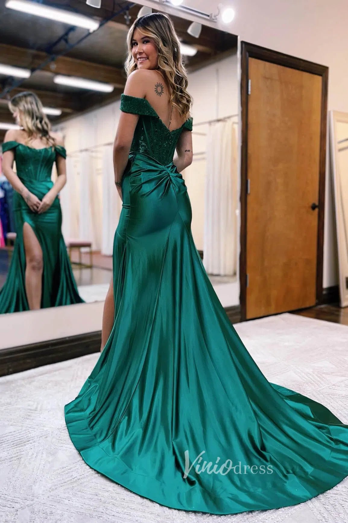 Exquisite Off - Shoulder Mermaid Prom Dress with Beaded Bodice, Satin Bottom and Slit FD3466 - Viniodressprom dressesGreenCustom Size - Formal Dresses - Ball Gowns