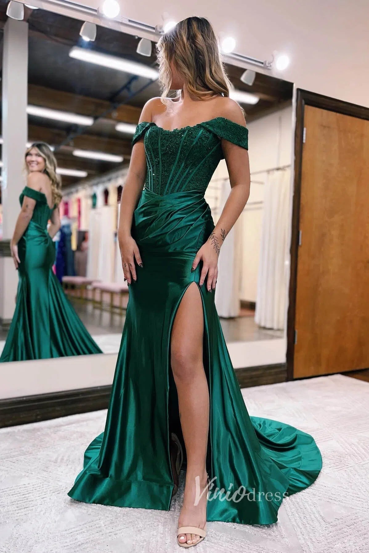 Exquisite Off - Shoulder Mermaid Prom Dress with Beaded Bodice, Satin Bottom and Slit FD3466 - Viniodressprom dressesGreenCustom Size - Formal Dresses - Ball Gowns