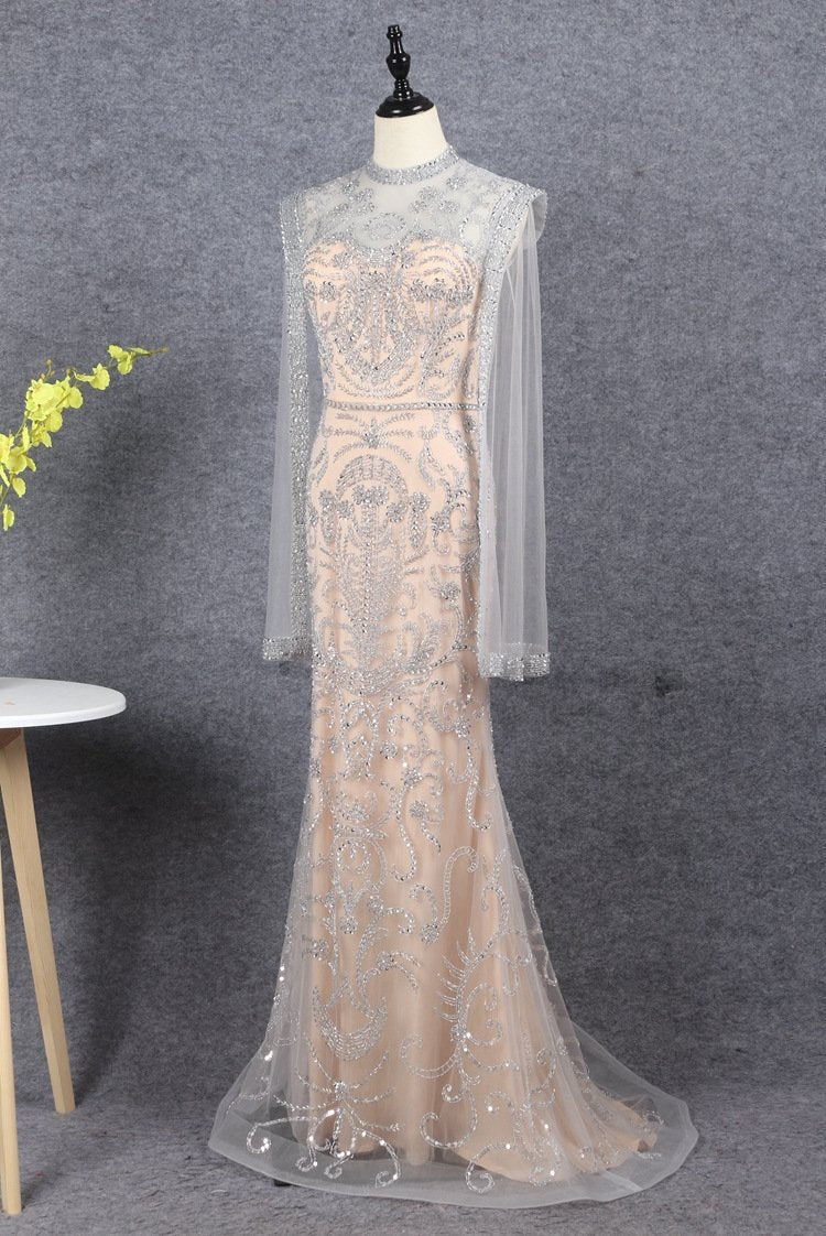 Prom Dress 2025 Extra Long Sleeve Beaded Gold Prom Dresses Cape Sleeve FD2609-unique Prom Dresses-US2-Silver-Viniodress