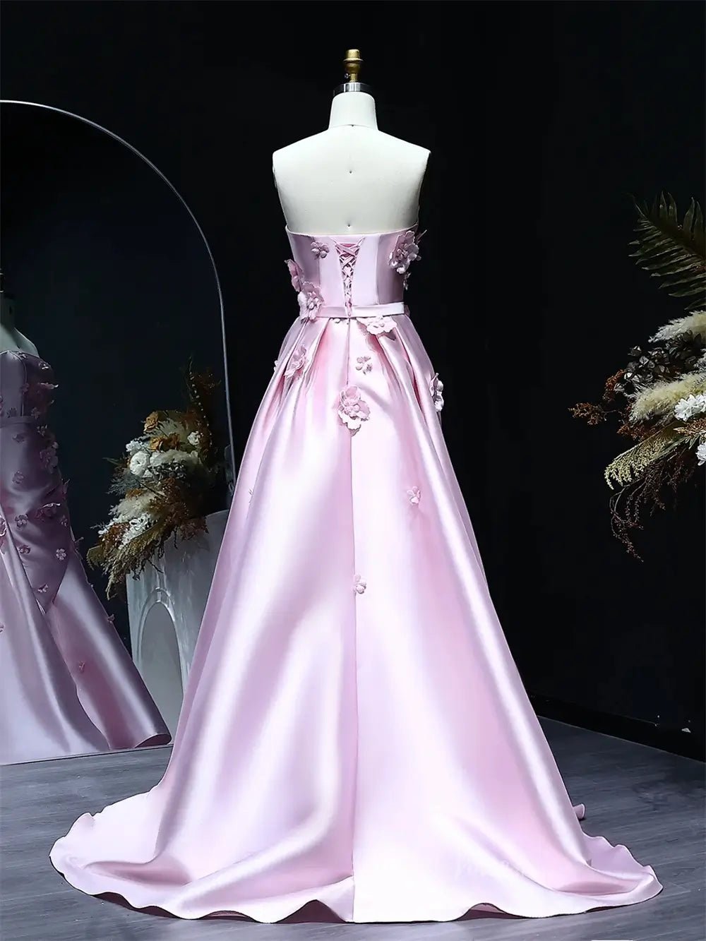 Floral Pink Mermaid Prom Dresses Overskirt Satin Wedding Dresses, Corset Back, Strapless BD060 - Viniodressprom dressesPinkUS 2 - Formal Dresses - Ball Gowns