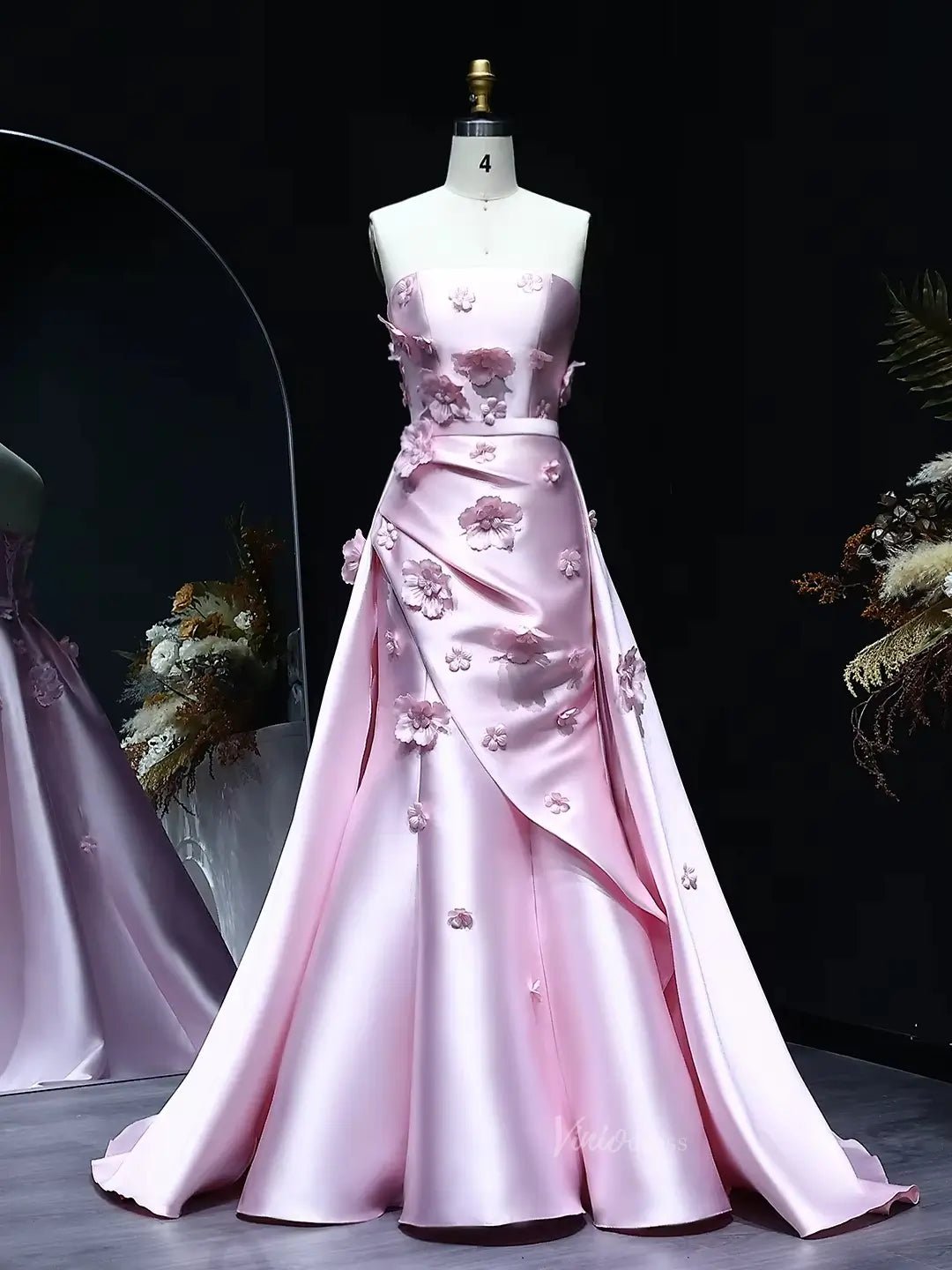 Floral Pink Mermaid Prom Dresses Overskirt Satin Wedding Dresses, Corset Back, Strapless BD060 - Viniodressprom dressesPinkUS 2 - Formal Dresses - Ball Gowns