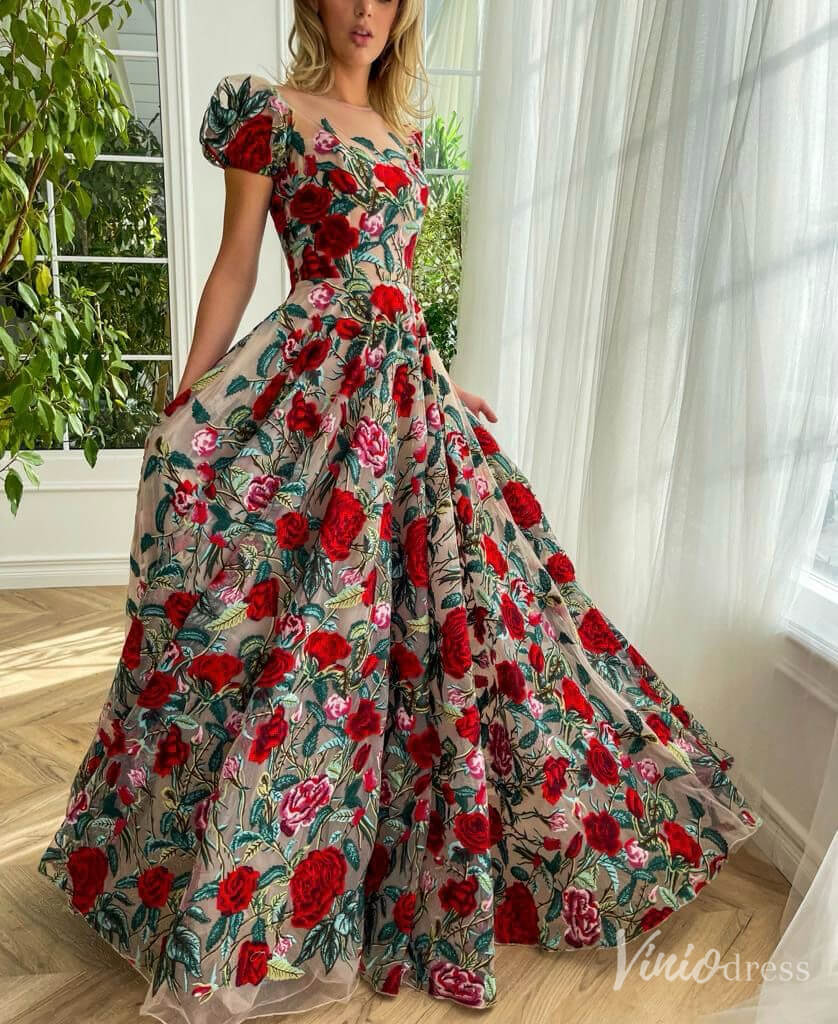 Floral Print Prom Dresses with Pockets Puffed Sleeve Rosette Formal Gown TO012 - Viniodressprom dressesRedCustom Size - Formal Dresses - Ball Gowns