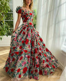 Prom Dress 2025 Floral Print Prom Dresses with Pockets Puffed Sleeve Rosette Formal Gown TO012-unique prom dresses-Red-Custom Size-Viniodress