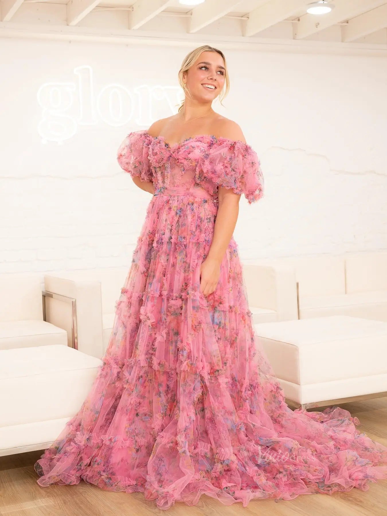 prom dresses 2025 Floral Tulle Ruffled Prom Dresses 2025 Off the Shoulder Puffed Sleeve Formal Gown - FD5300-plus size wedding dresses Viniodress-Pink-Custom Size-