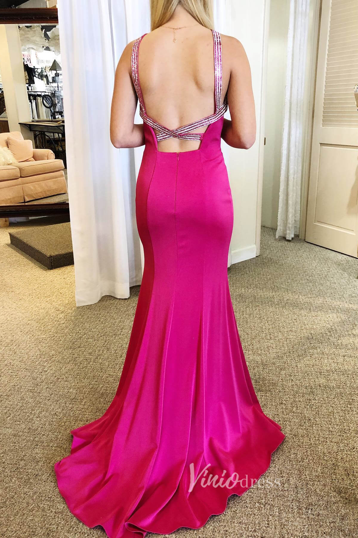 Fuchsia Mermaid Prom Dress with Halter Neck and Slit FD3476 - Viniodressprom dressesFuchsiaCustom Size - Formal Dresses - Ball Gowns