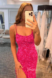 Prom Dress 2025 Fuchsia Pink Sequin Prom Dresses with Slit Mermaid Spaghetti Strap Evening Dress FD3290-unique prom dresses-Hot Pink-Custom Size-Viniodress