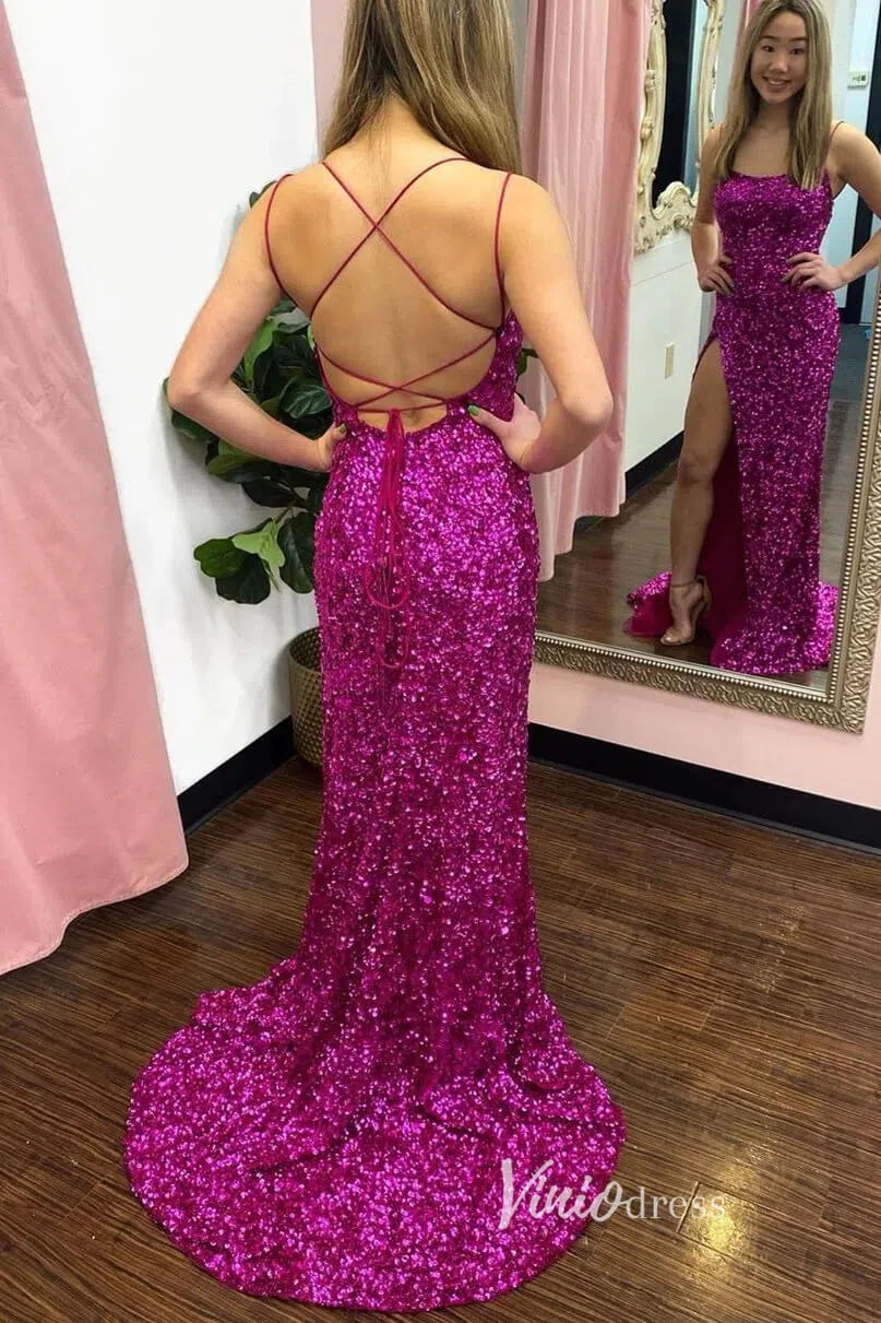 Prom Dress 2025 Fuchsia Pink Sequin Prom Dresses with Slit Mermaid Spaghetti Strap Evening Dress FD3290-unique prom dresses-Hot Pink-Custom Size-Viniodress