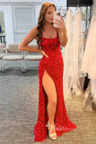 Prom Dress 2025 Fuchsia Pink Sequin Prom Dresses with Slit Mermaid Spaghetti Strap Evening Dress FD3290-unique prom dresses-Red-Custom Size-Viniodress