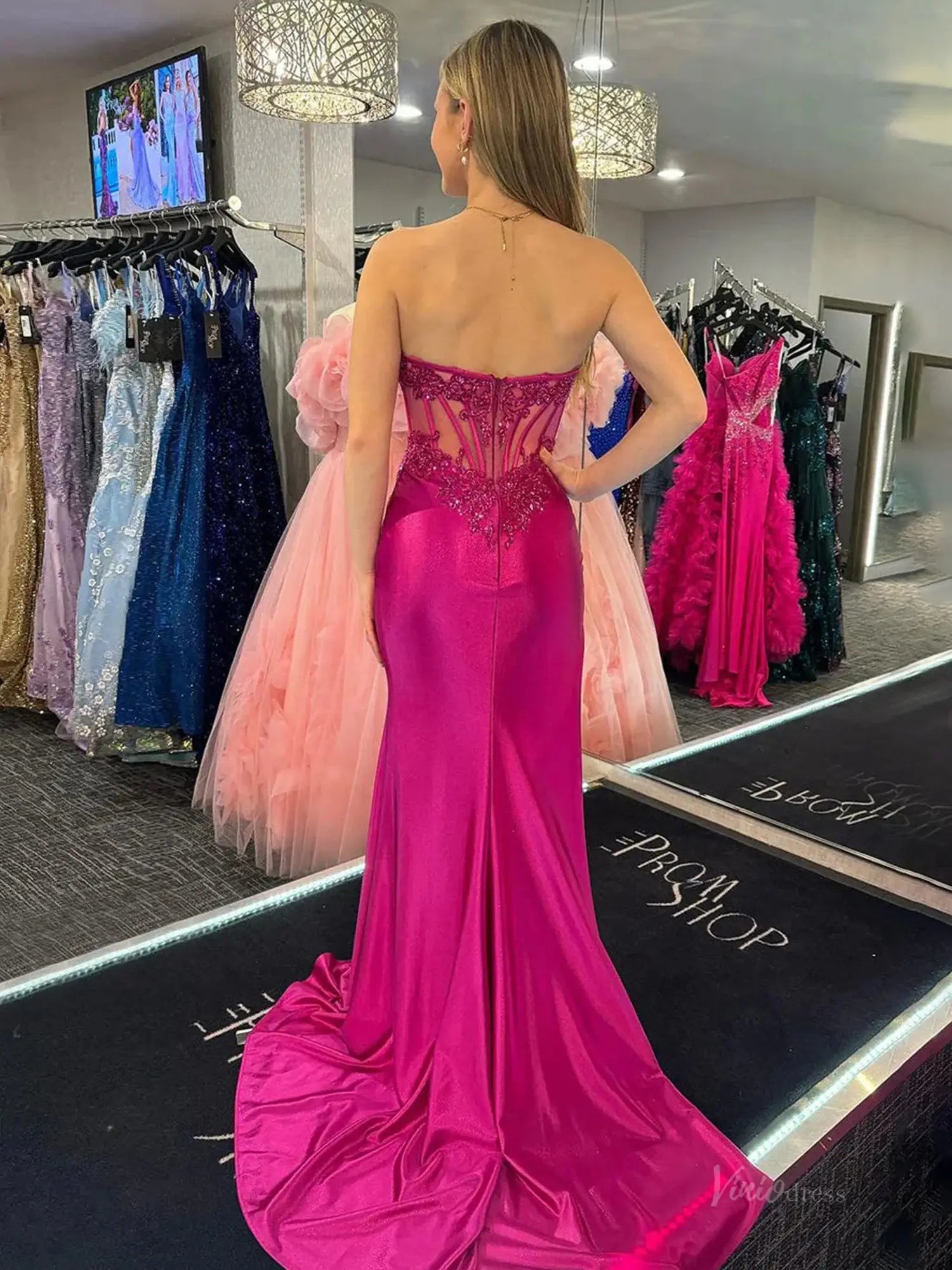 Fuchsia Satin Lace Mermaid Prom Dresses 2025 with Slit & Sheer Boned Bodice – FD5049B