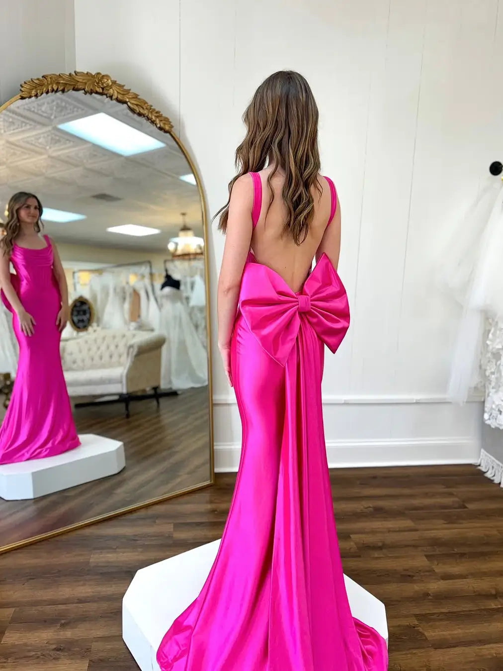 prom dresses 2025 Fuchsia Satin Mermaid Prom Dress with Cowl Neck, Bow-Tie & Basque Waistline – Style FD6073-plus size wedding dresses Viniodress-Fuchsia-Custom Size-