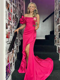 Fuchsia Satin Mermaid Prom Dresses 2025 with Slit & Ruffle – FD5036